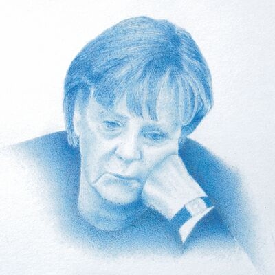 Mathias Wolf, Angela Merkel, Kugelschreiberzeichnung, 2017, 10cm x 12cm
